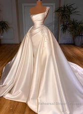 Luxury Satin Wedding Dress Beaded One Shoulder Bridal Dress With Panel Train Floor Length Elegant